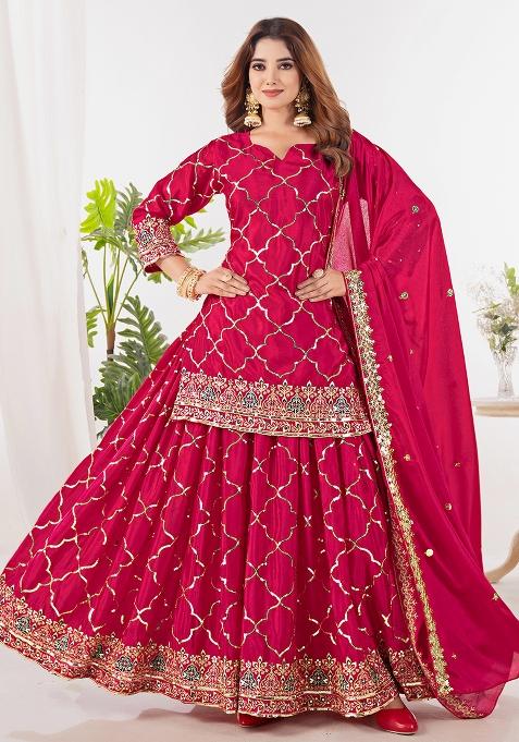 Red Embroidery Chinon Salwar Kameez With Dupatta