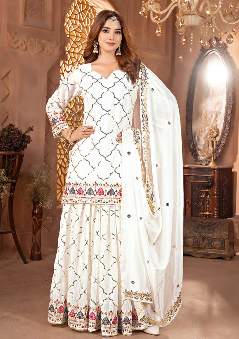 White Embroidered Chinon Sharara Set - Indya