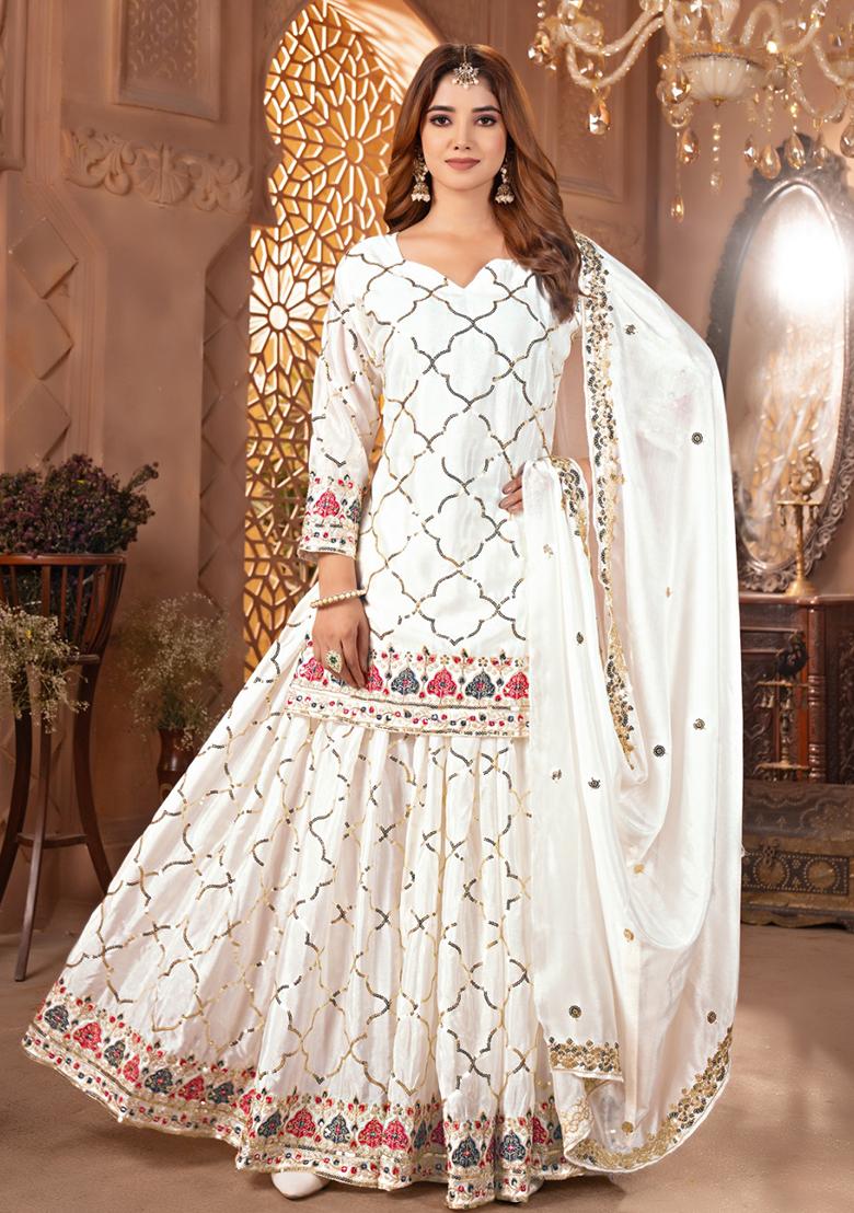 White Embroidery Chinon Salwar Kameez With Dupatta - Indya