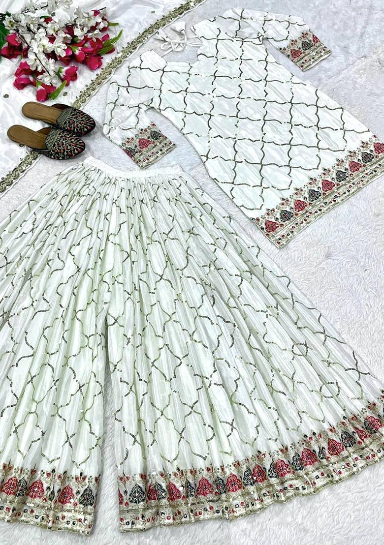 White Embroidery Chinon Salwar Kameez With Dupatta - Indya