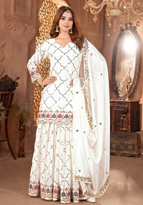 White Embroidery Chinon Salwar Kameez With Dupatta
