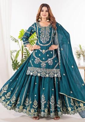 Rama Green Embroidery Chinon Salwar Kameez With Dupatta
