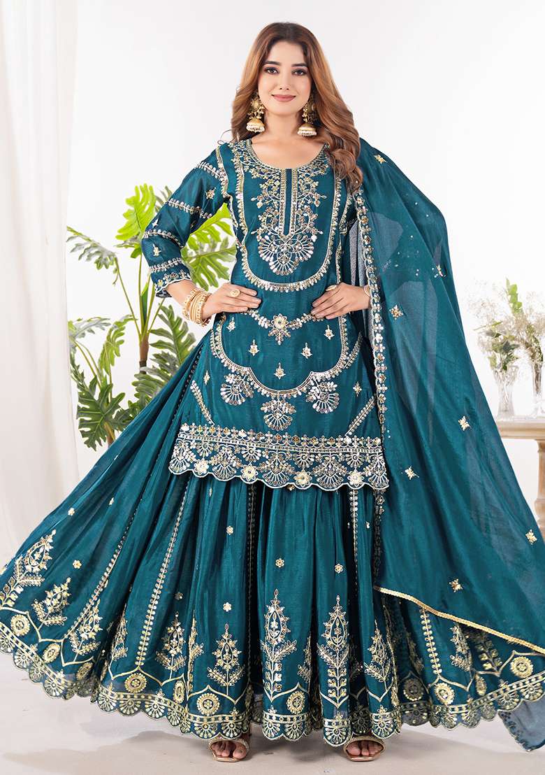 Rama Green Embroidery Chinon Salwar Kameez With Dupatta - Indya