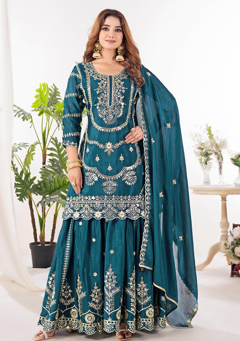 Rama Green Embroidery Chinon Salwar Kameez With Dupatta - Indya