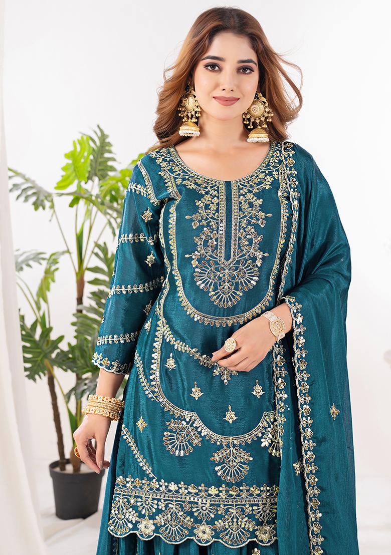 Rama Green Embroidery Chinon Salwar Kameez With Dupatta - Indya