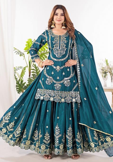 Rama Green Embroidery Chinon Salwar Kameez With Dupatta