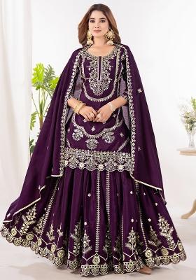 Wine Embroidery Chinon Salwar Kameez With Dupatta
