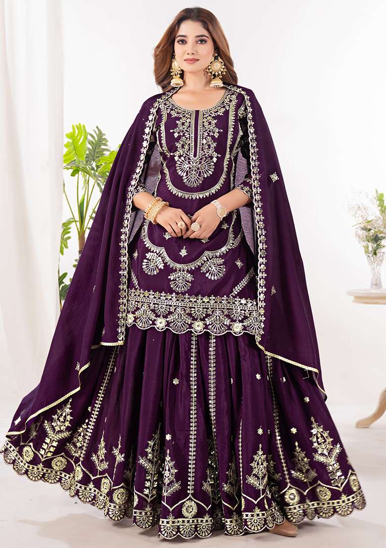 Wine Embroidery Chinon Salwar Kameez With Dupatta - Indya