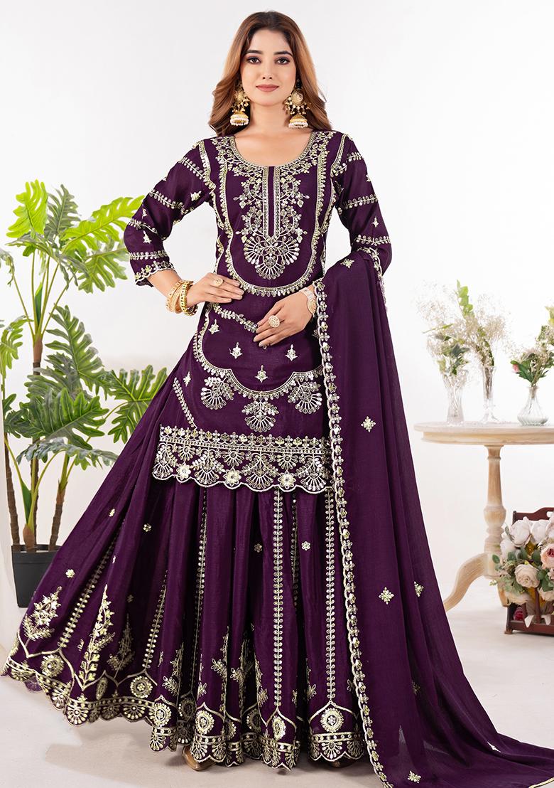 Wine Embroidery Chinon Salwar Kameez With Dupatta - Indya