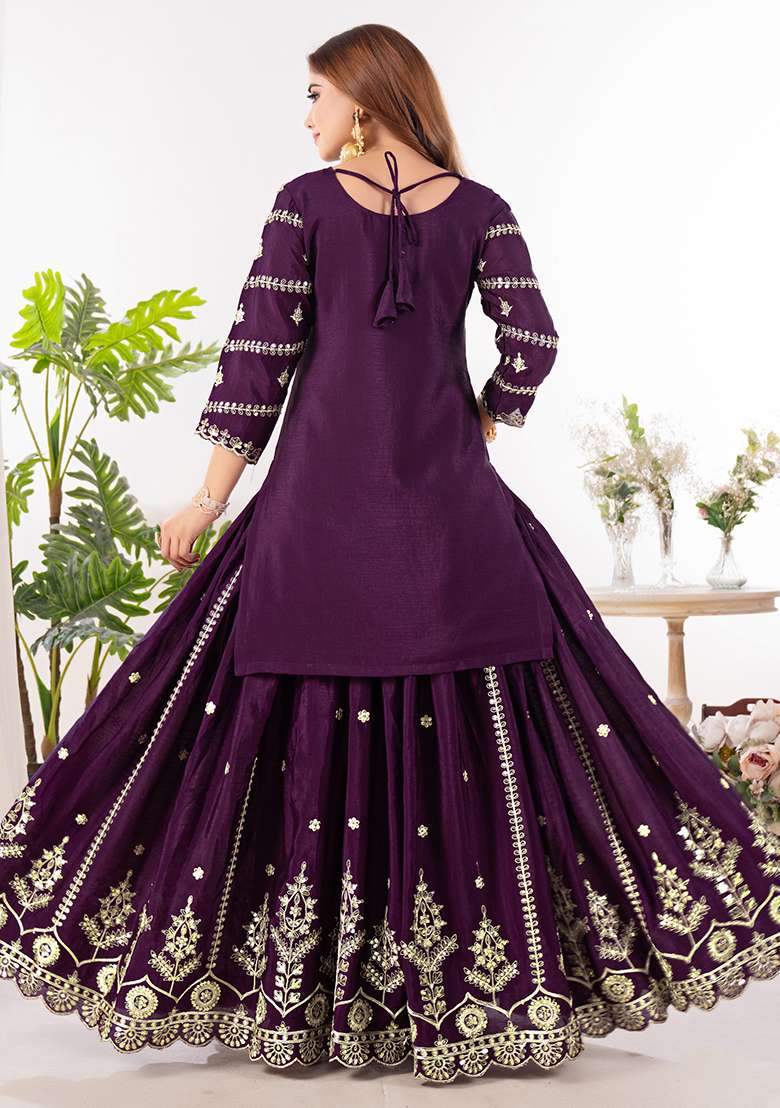 Wine Embroidery Chinon Salwar Kameez With Dupatta - Indya