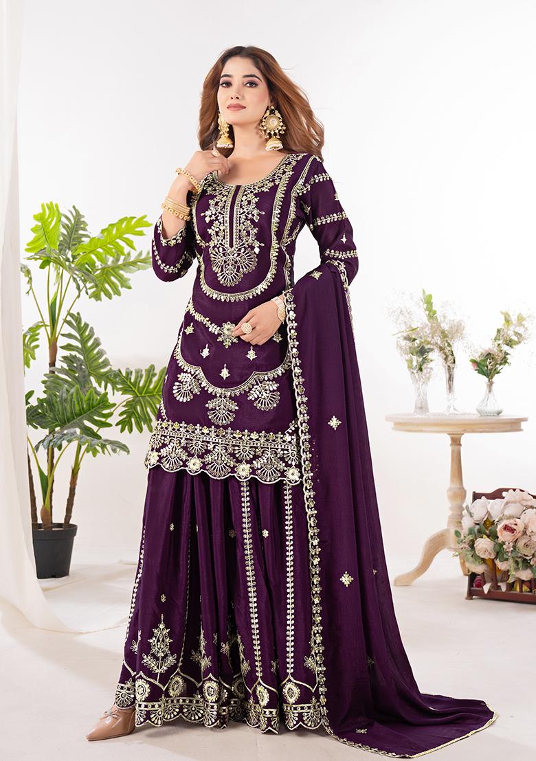 Wine Embroidery Chinon Salwar Kameez With Dupatta - Indya
