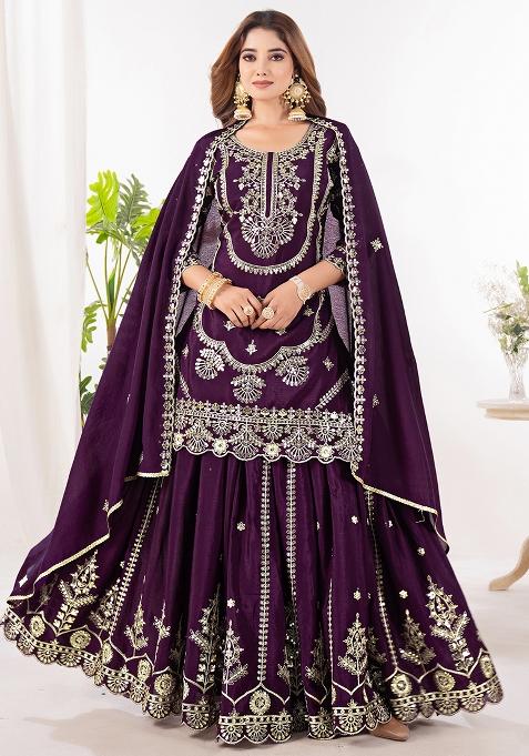 Wine Embroidery Chinon Salwar Kameez With Dupatta