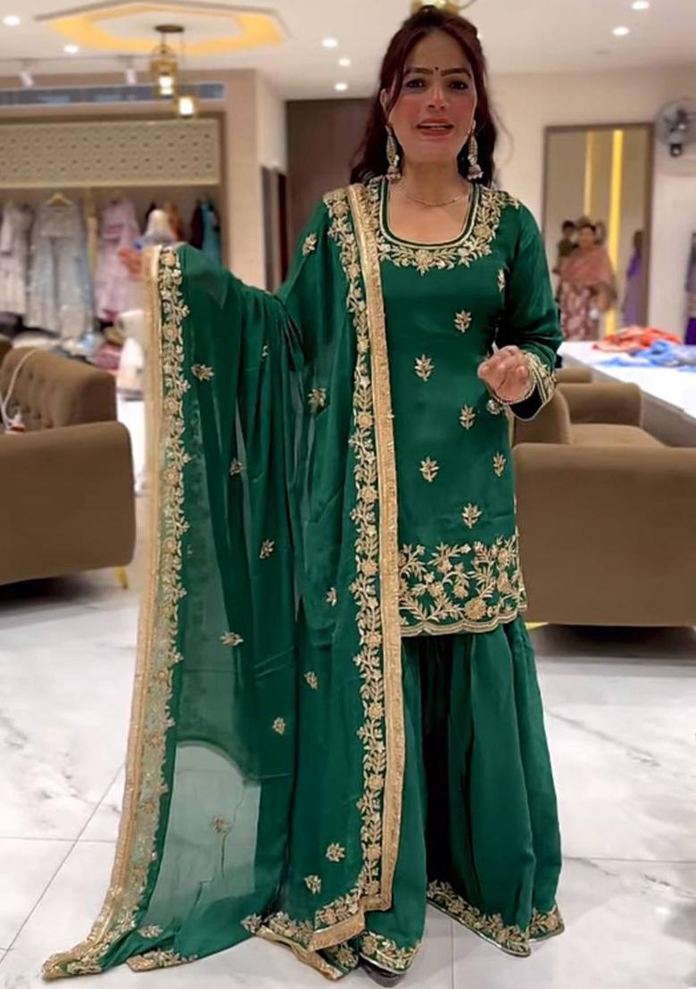Green Embroidery Georgette Salwar Kameez With Dupatta - Indya