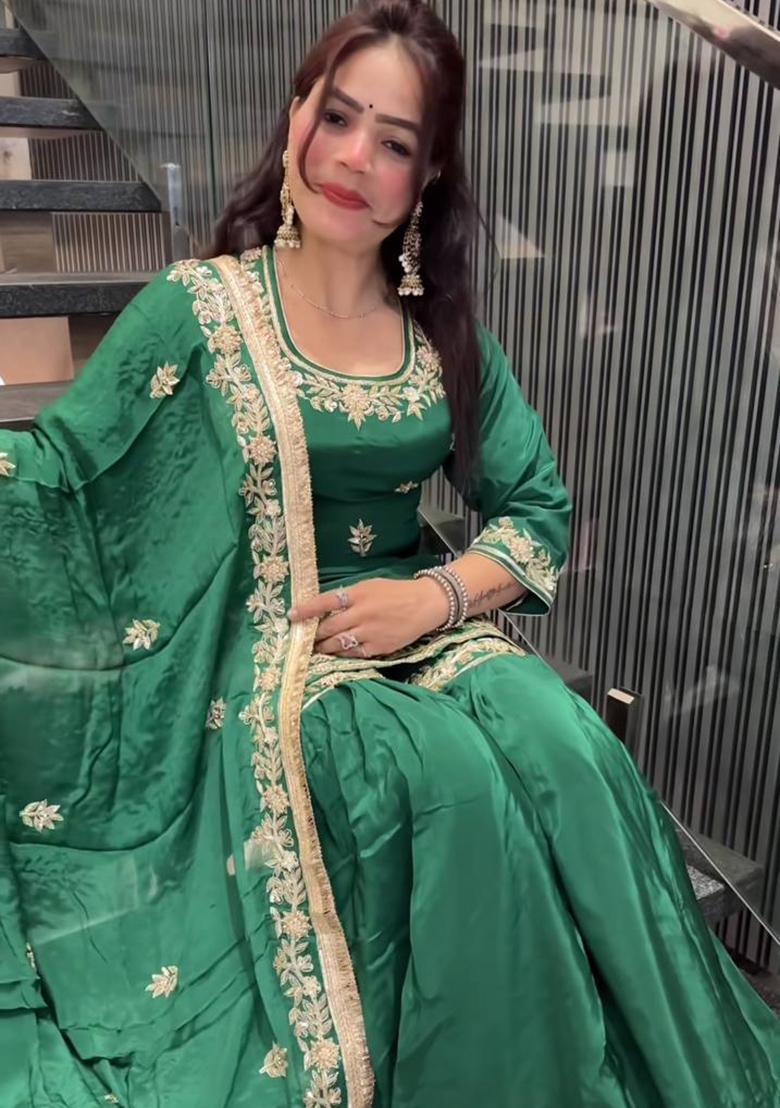 Green Embroidery Georgette Salwar Kameez With Dupatta - Indya