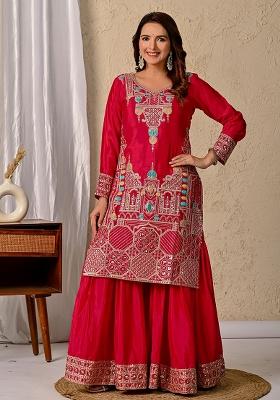 Red Embroidery Chinon Sharara Set With Dupatta