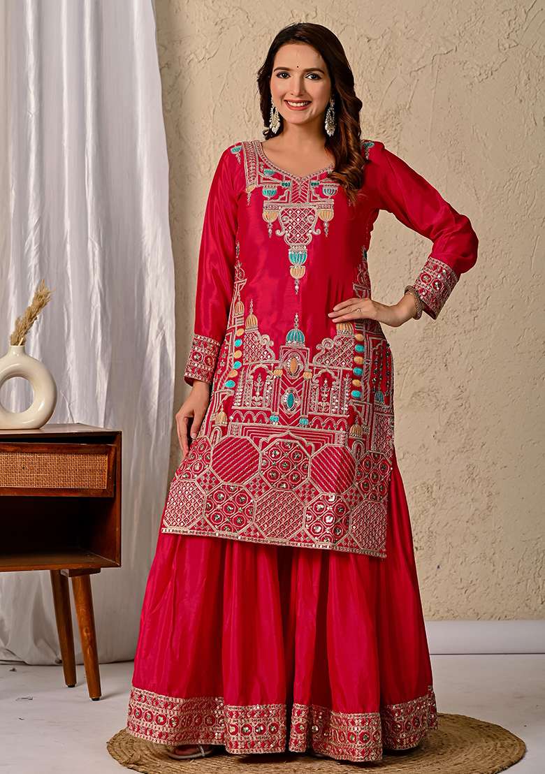 Red Embroidered Chinon Sharara Set - Indya