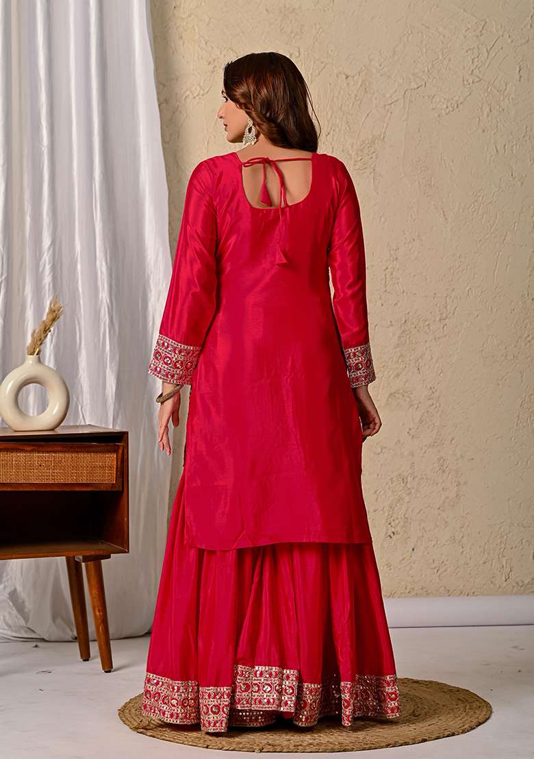 Red Embroidered Chinon Sharara Set - Indya