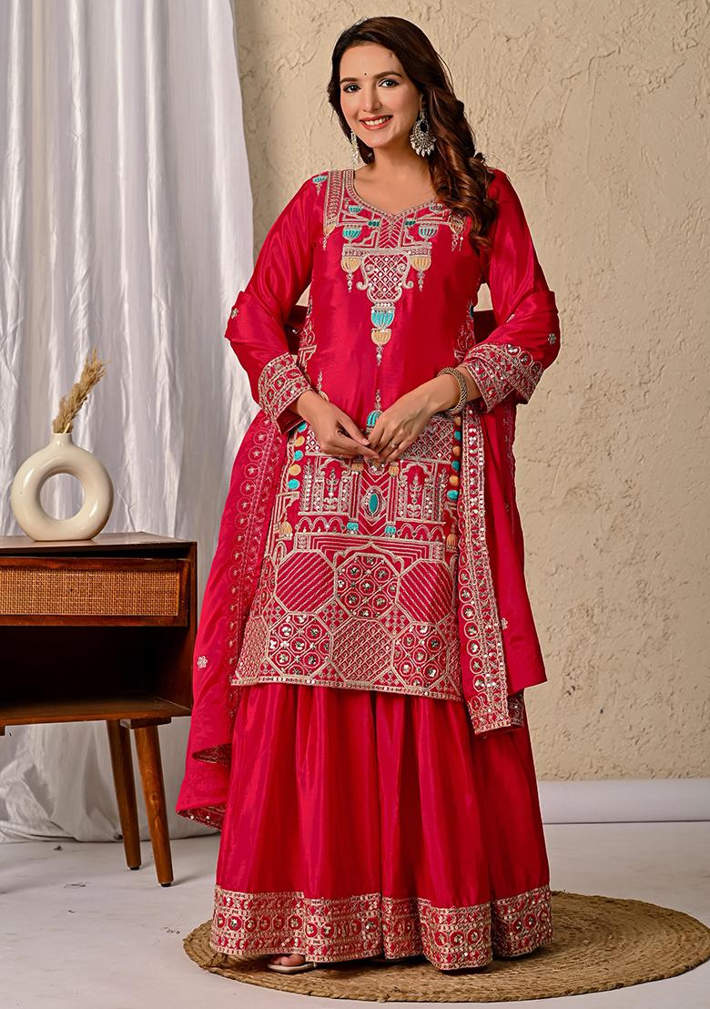 Red Embroidery Chinon Sharara Set With Dupatta - Indya