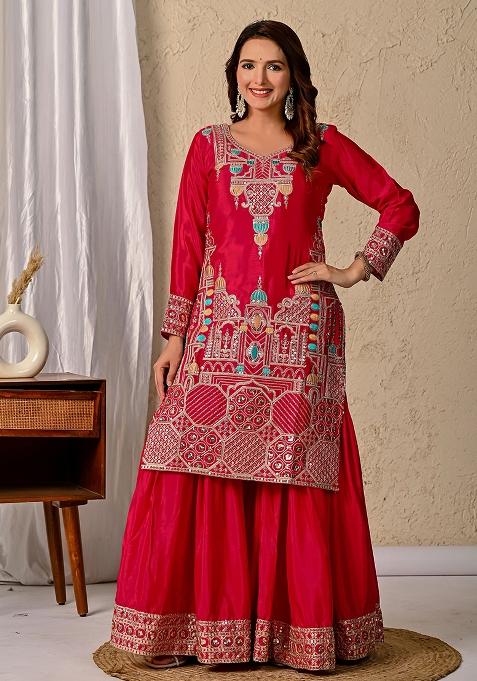Red Embroidery Chinon Sharara Set With Dupatta
