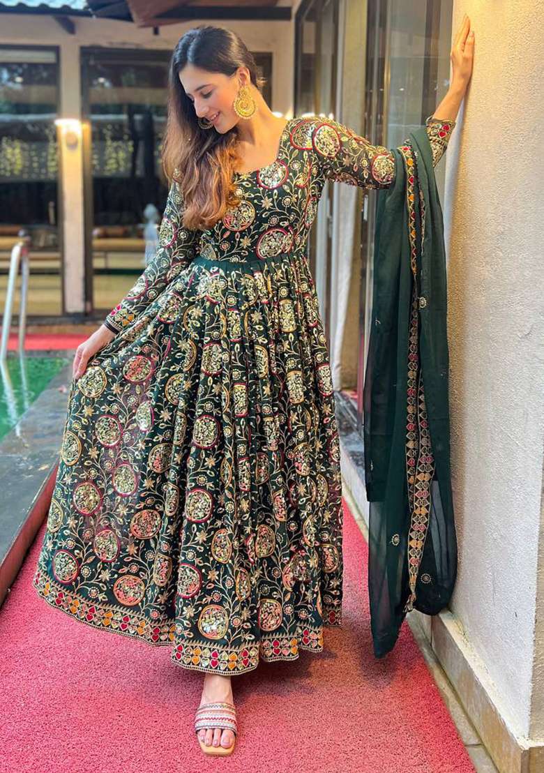 Multi Embroidered Georgette Anarkali Set - Indya