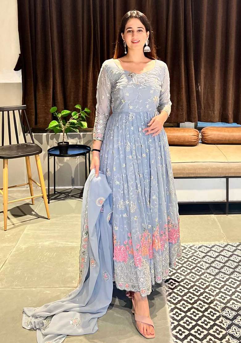 Grey Embroidery Georgette Salwar Kameez With Dupatta - Indya