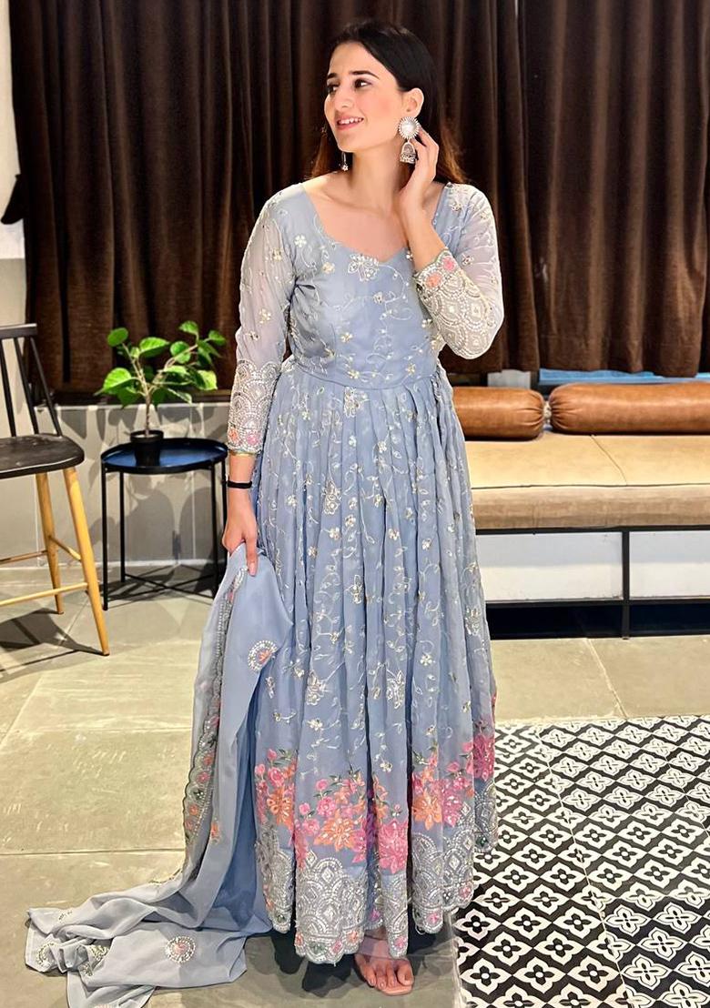 Grey Embroidery Georgette Salwar Kameez With Dupatta - Indya