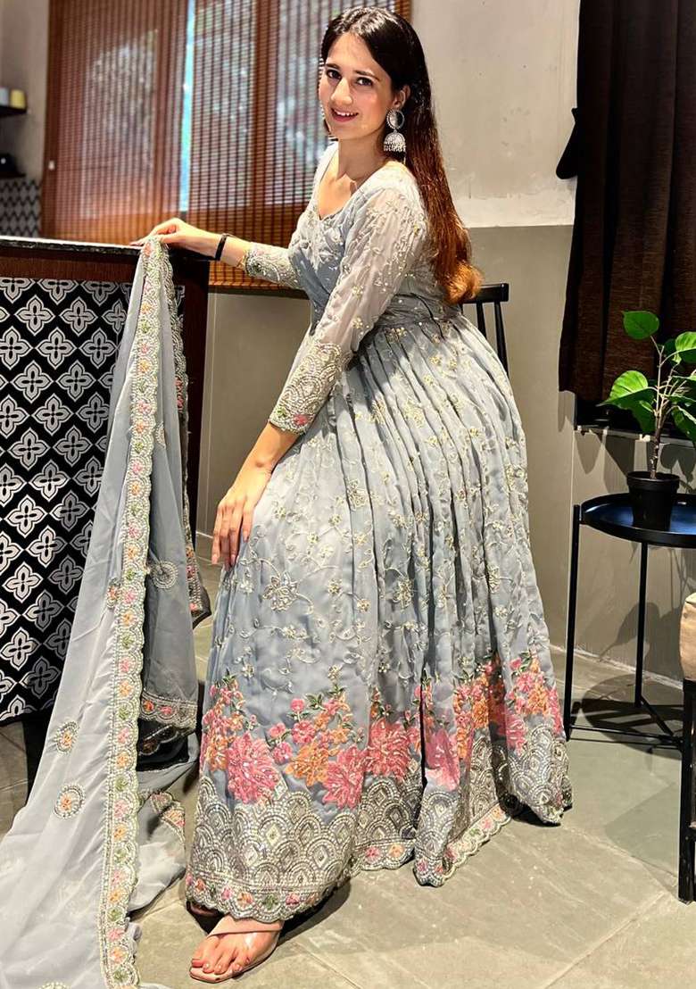 Grey Embroidery Georgette Salwar Kameez With Dupatta - Indya