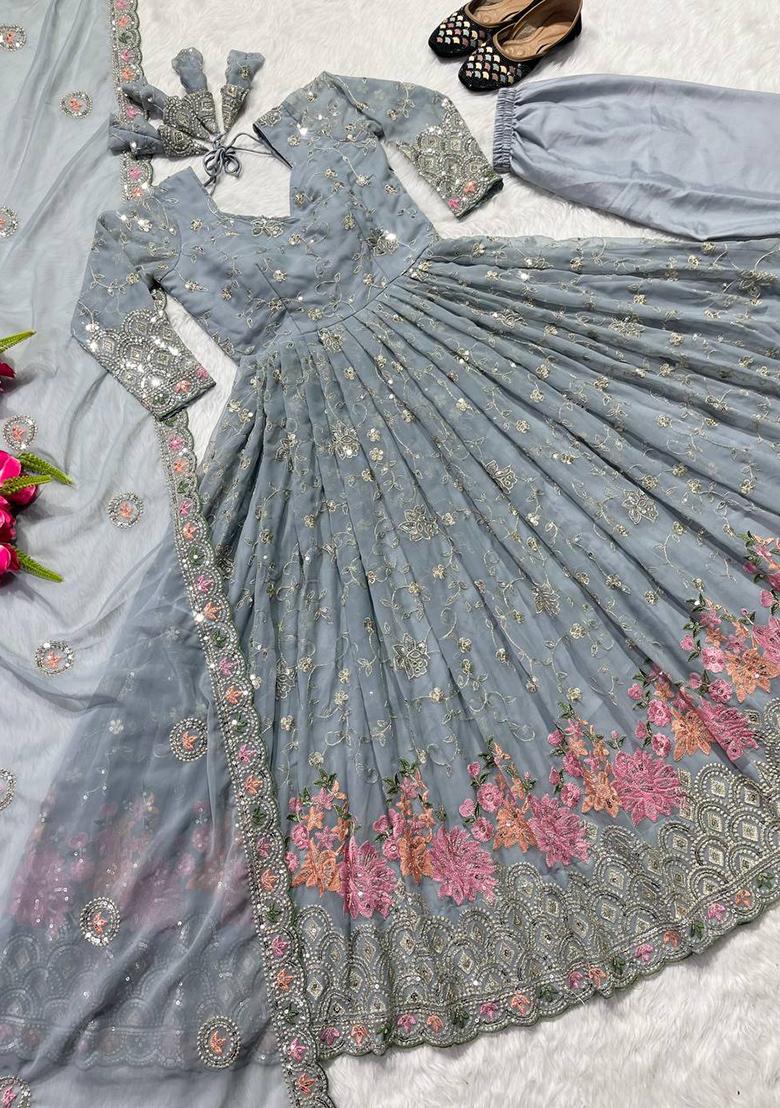 Grey Embroidery Georgette Salwar Kameez With Dupatta - Indya