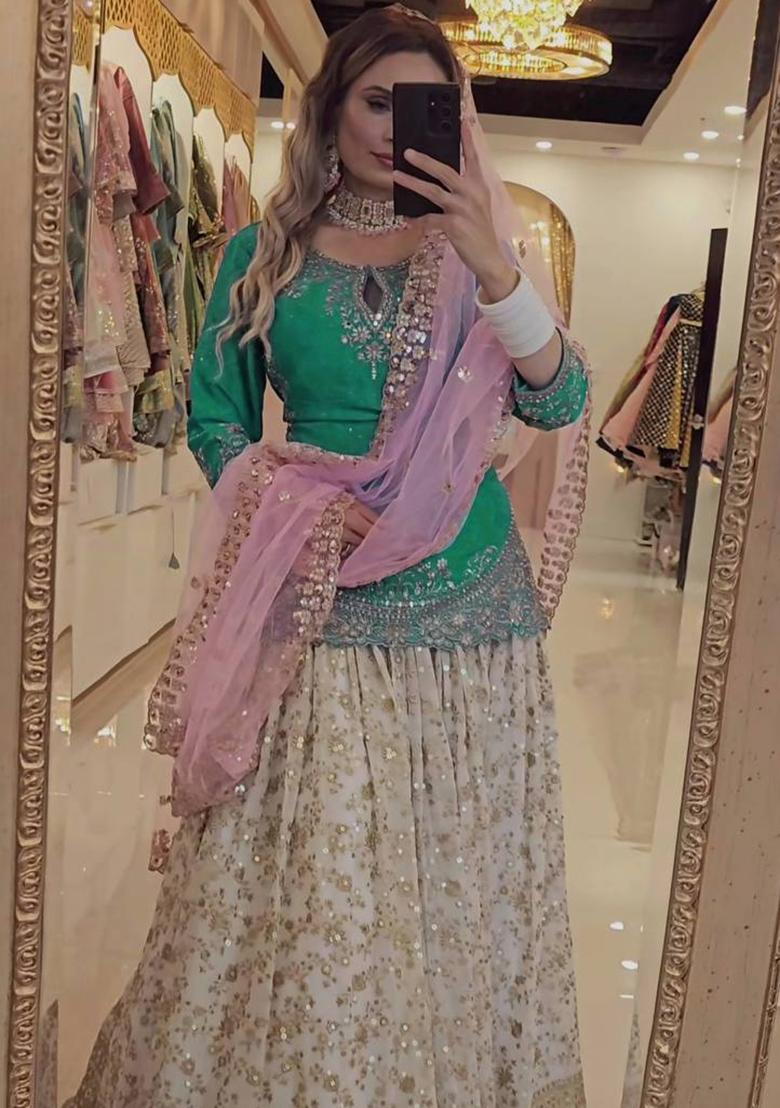 Multi Embroidery Chinon Salwar Kameez With Dupatta - Indya