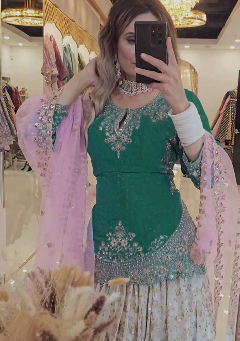 Multi Embroidered Chinon Sharara Set - Indya