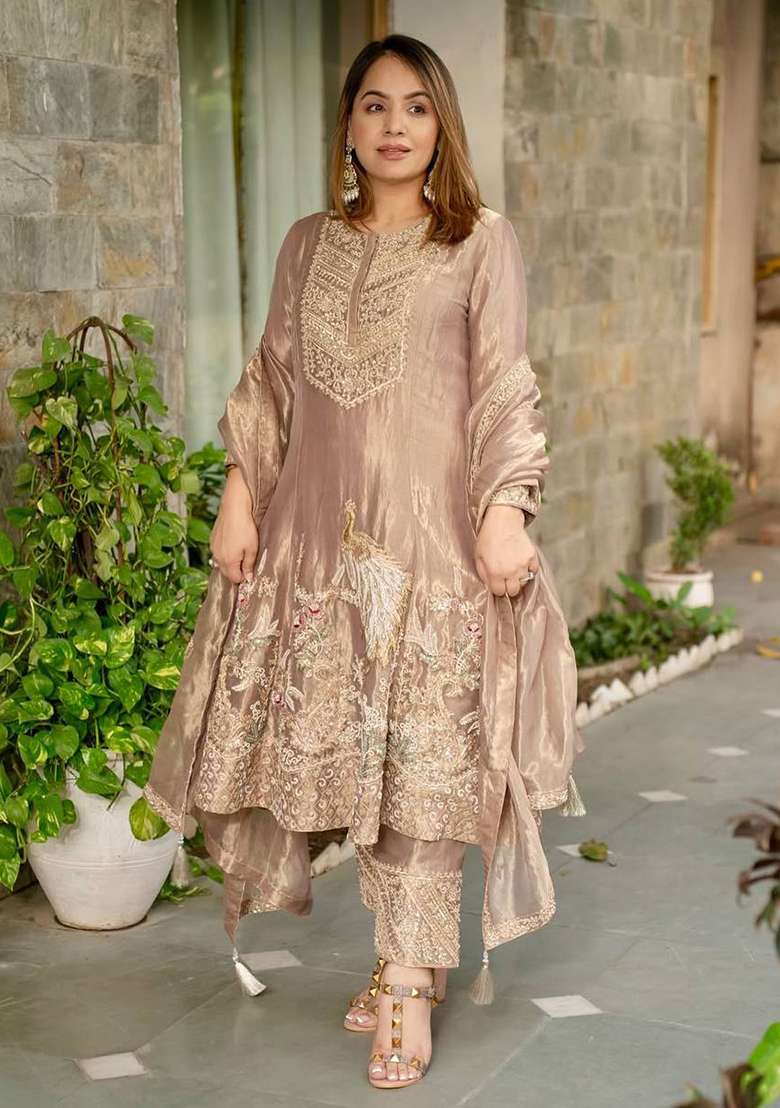 Cream Embroidered Chinon Pakistani Suit Set - Indya