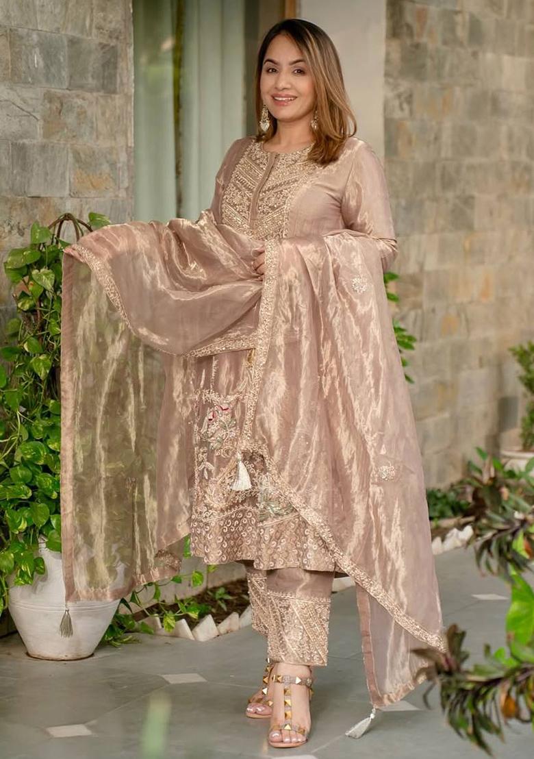 Cream Embroidery Chinon Salwar Kameez With Dupatta - Indya
