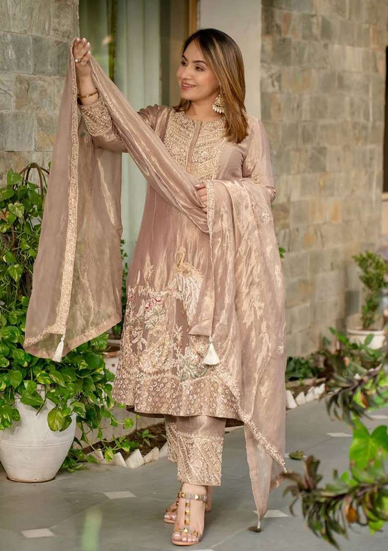 Cream Embroidered Chinon Pakistani Suit Set - Indya