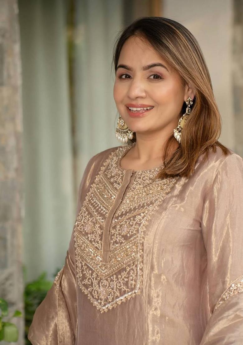 Cream Embroidery Chinon Salwar Kameez With Dupatta - Indya