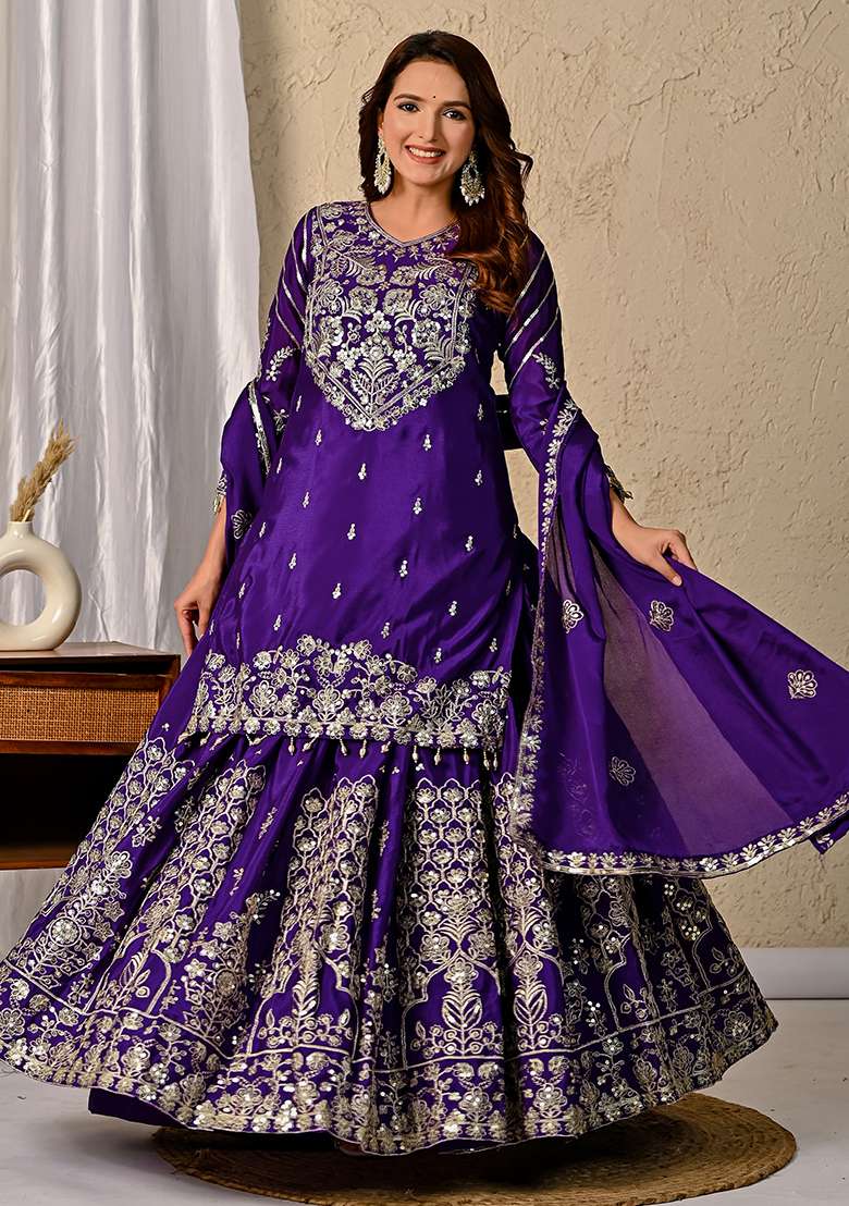 Purple Embroidered Chinon Sharara Set - Indya