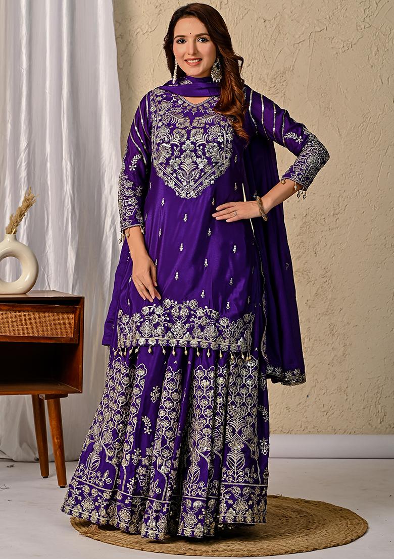Purple Embroidery Chinon Salwar Kameez With Dupatta - Indya
