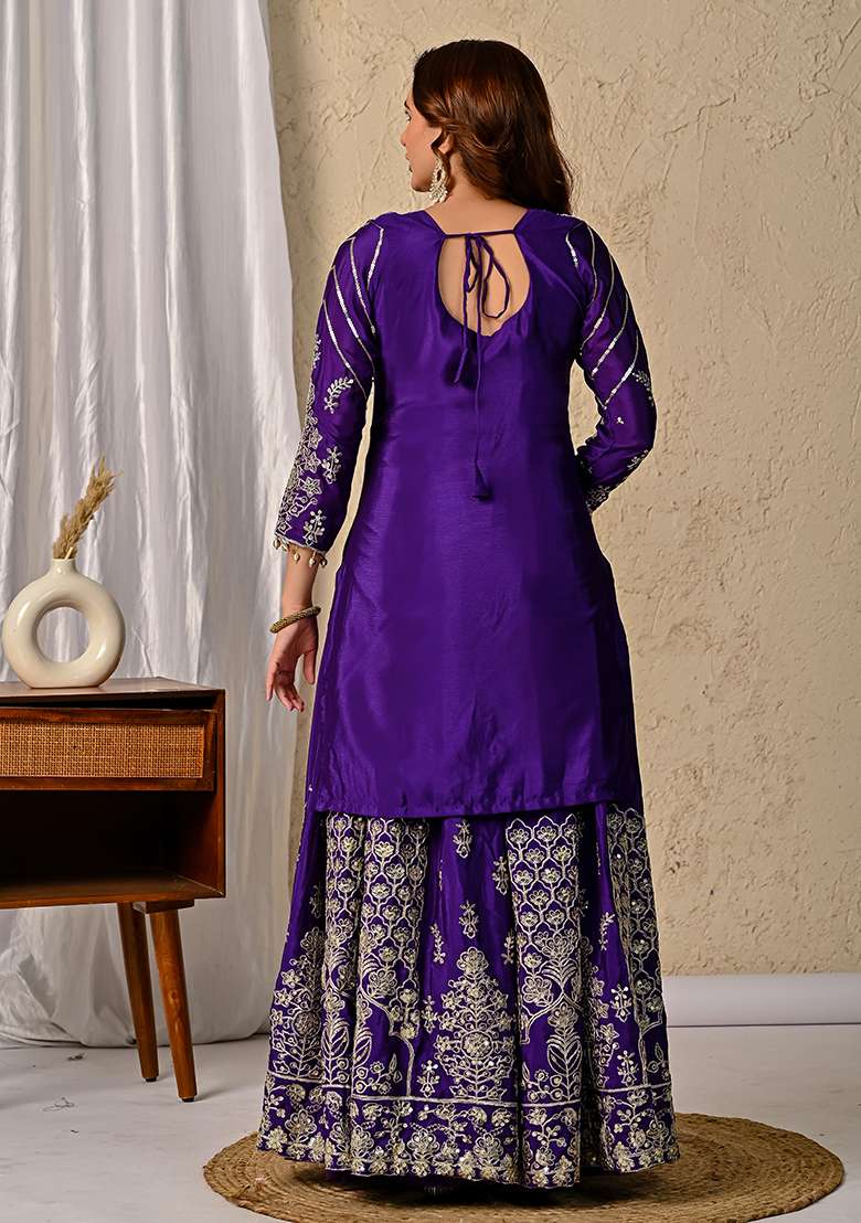Purple Embroidered Chinon Sharara Set - Indya