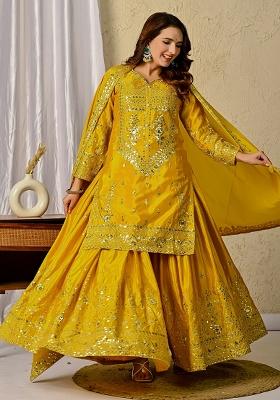 Yellow Embroidery Chinon Sharara Set With Dupatta
