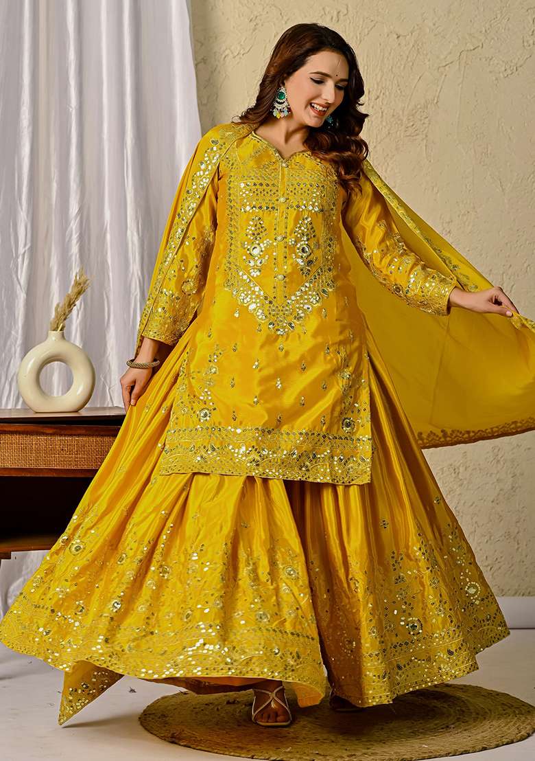 Yellow Embroidered Chinon Sharara Set - Indya