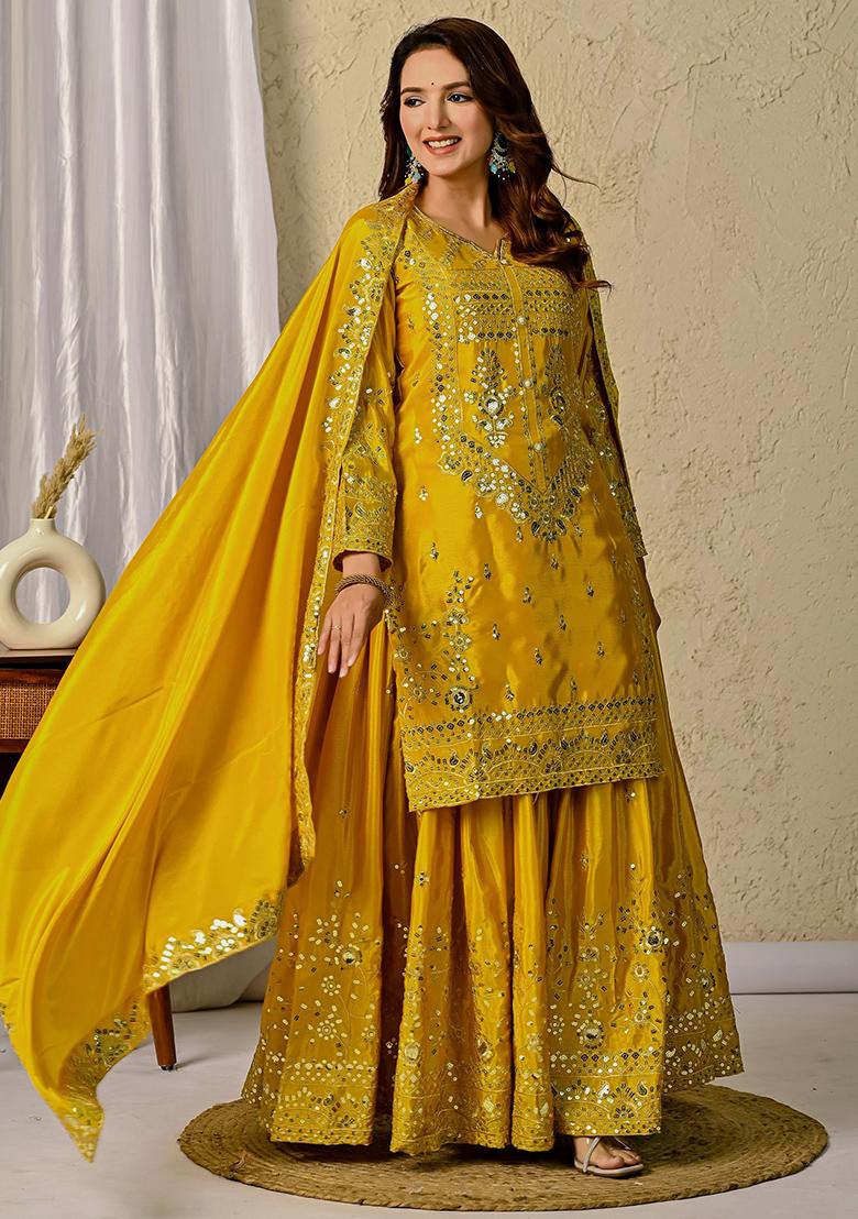 Yellow Embroidery Chinon Sharara Set With Dupatta - Indya