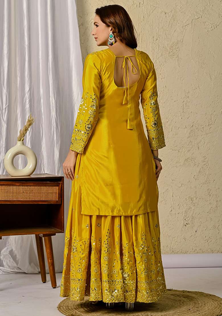 Yellow Embroidered Chinon Sharara Set - Indya