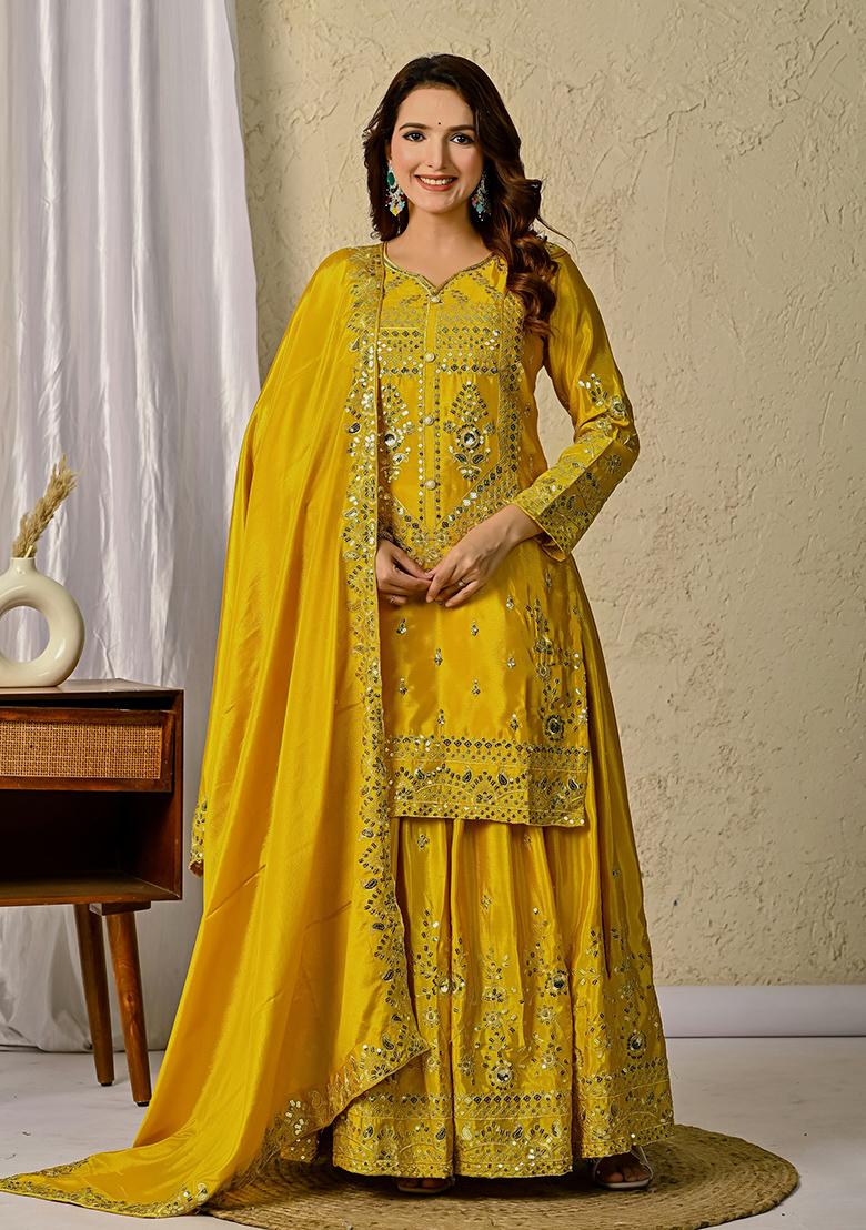 Yellow Embroidery Chinon Sharara Set With Dupatta - Indya