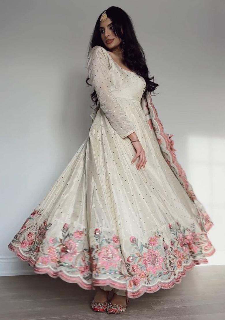 Off White Embroidery Silk Salwar Kameez With Dupatta - Indya
