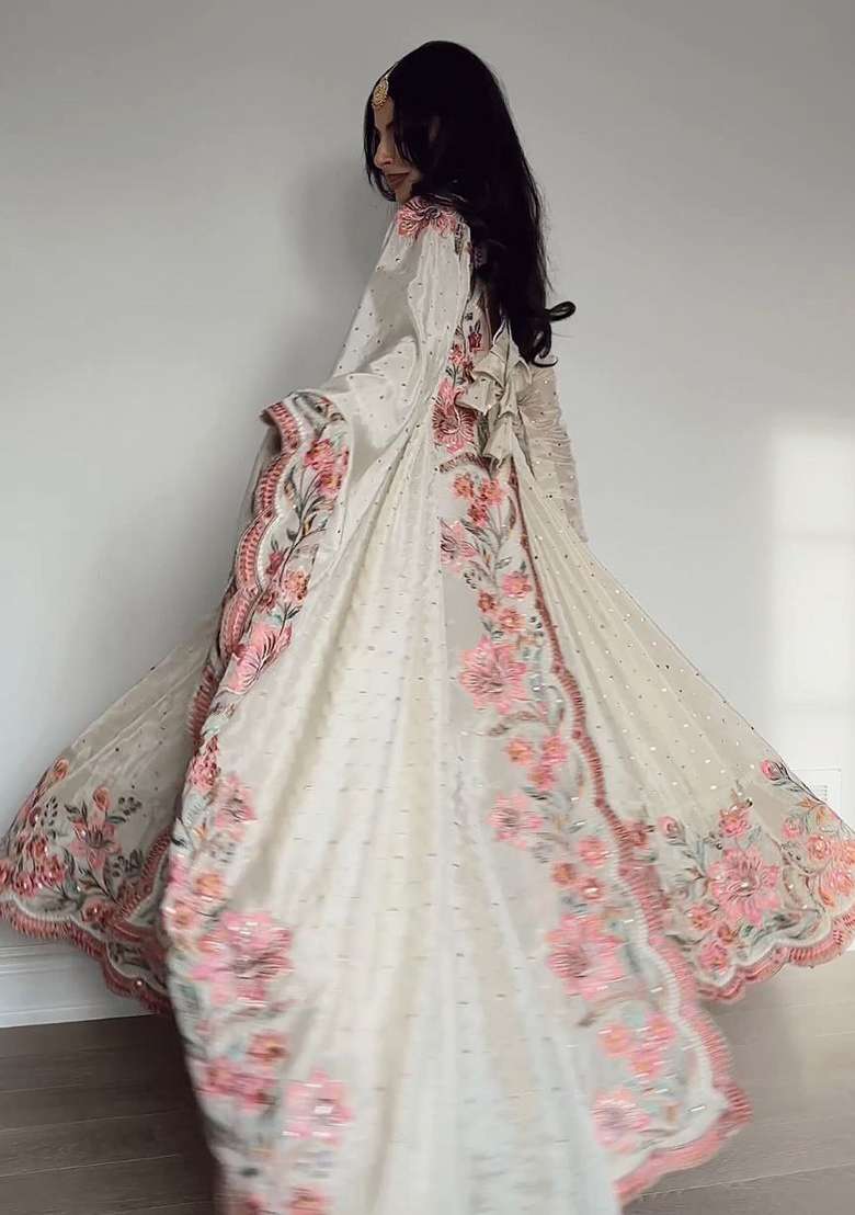 Off White Embroidered Silk Blend Anarkali Set - Indya
