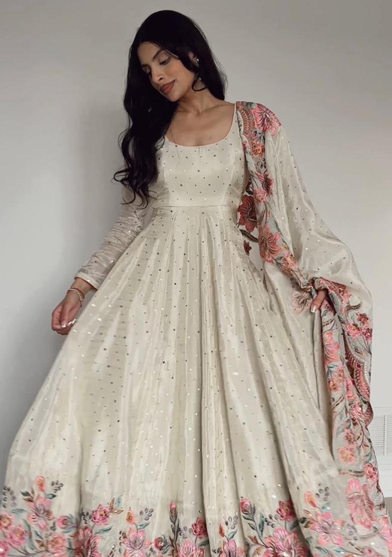 Off White Embroidery Silk Salwar Kameez With Dupatta - Indya