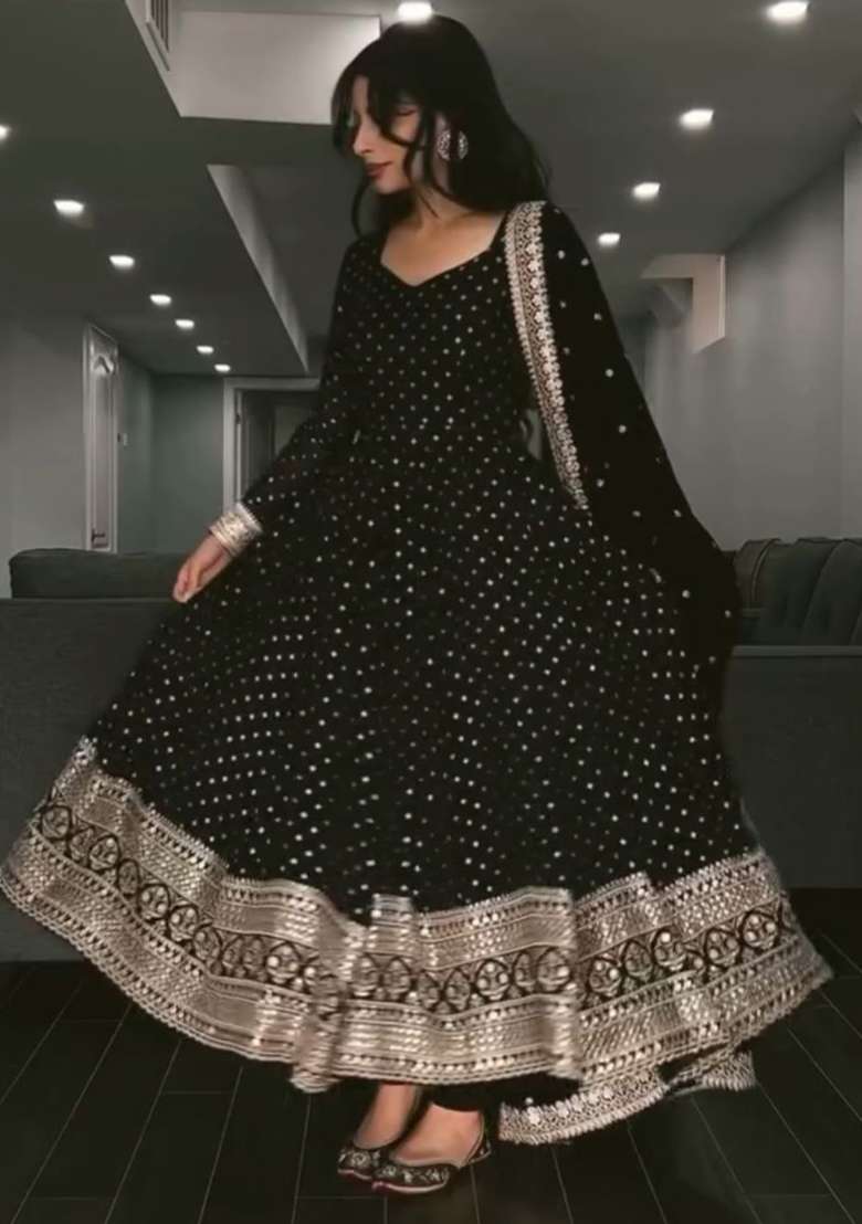 Black Sequin Work Georgette Anarkali Set - Indya