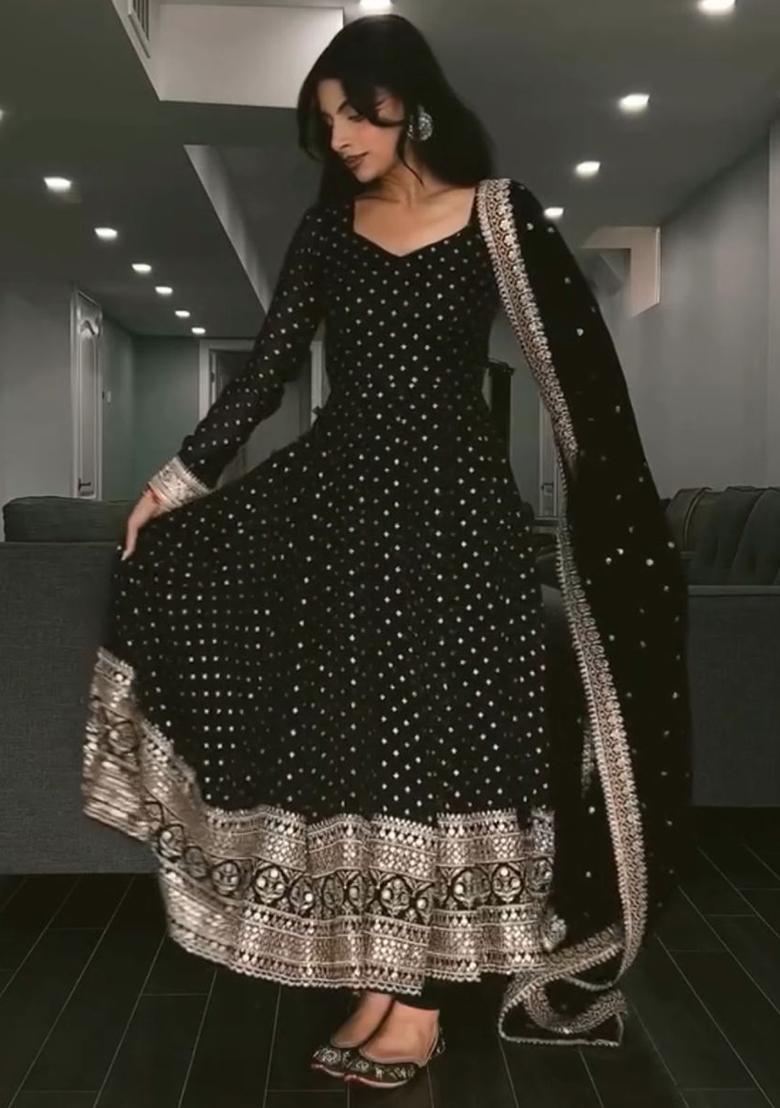 Black Embroidery Georgette Salwar Kameez With Dupatta - Indya