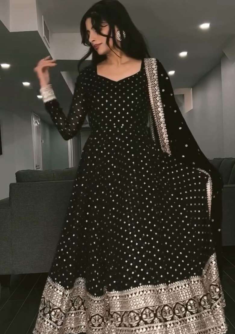 Black Sequin Work Georgette Anarkali Set - Indya