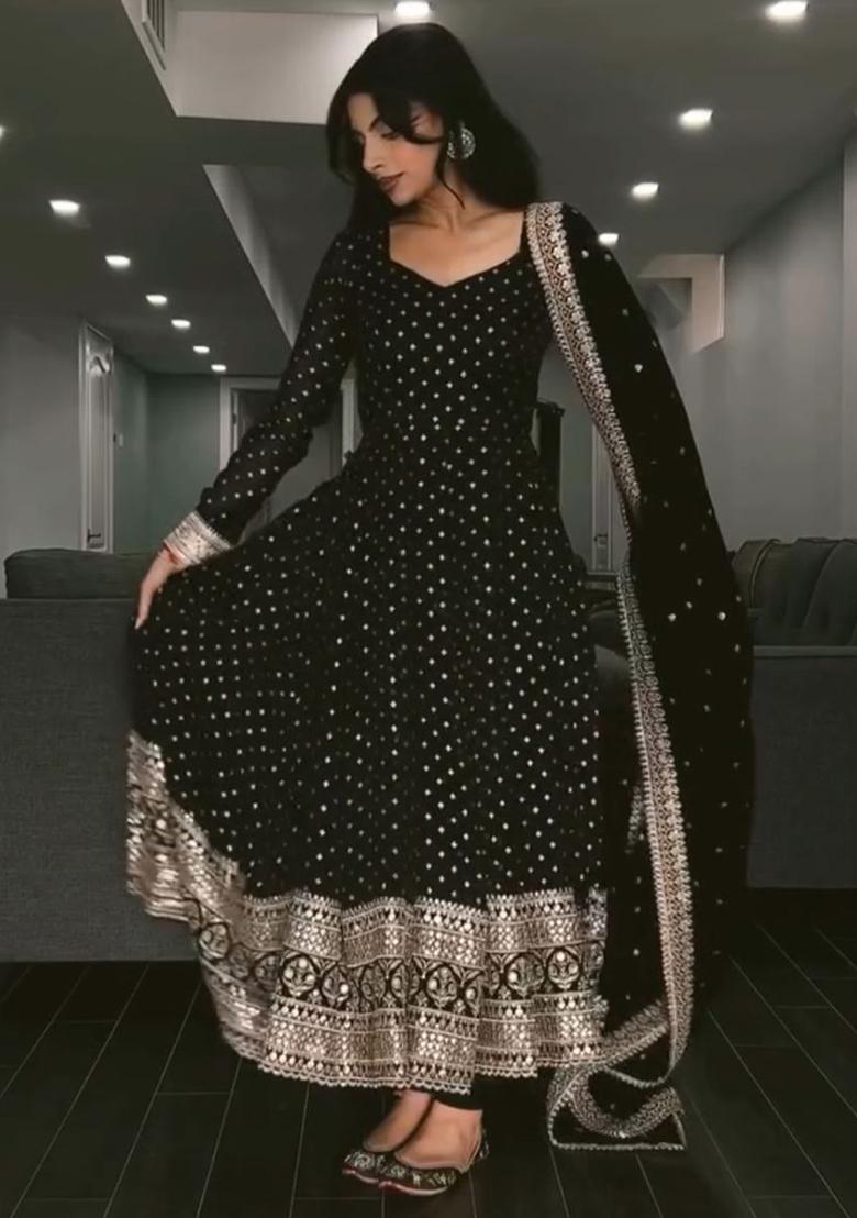 Black Embroidery Georgette Salwar Kameez With Dupatta - Indya