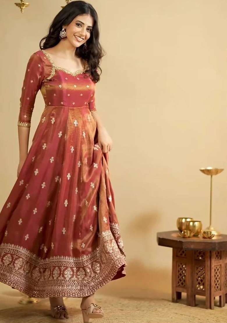 Orange Embroidered Silk Blend Anarkali Set - Indya